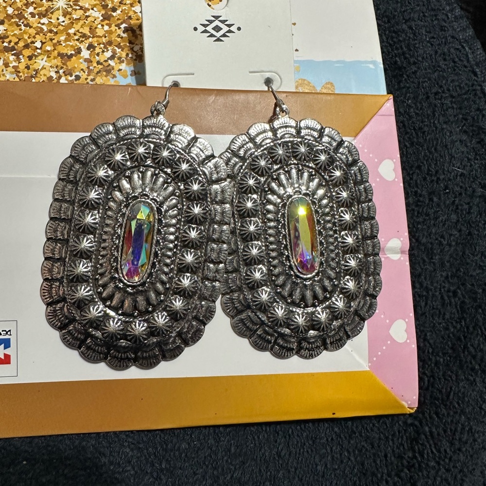 Silver Statement Earrings with Iridescent Gem